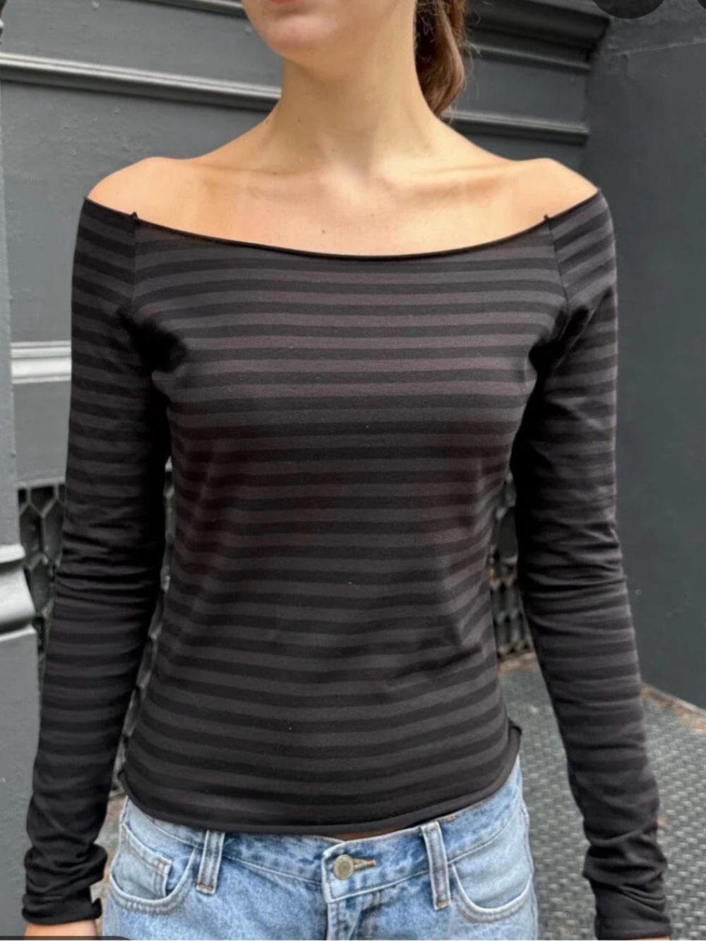 Brandy Melville Black Bonnie Striped Off-Shoulder Long Sleeve Top